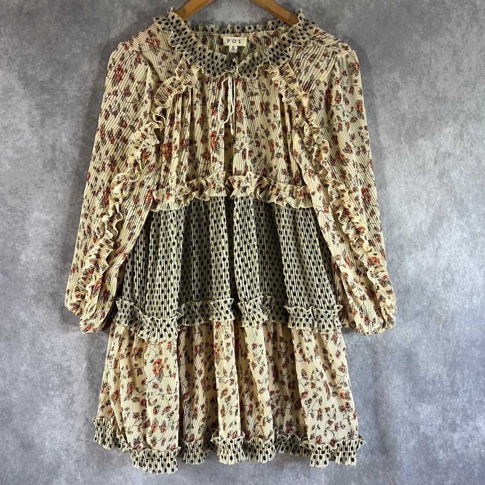 POL Pleated Babydoll Dress Women Small Cream Floral Polka Dot Ruffle Boho Hippie